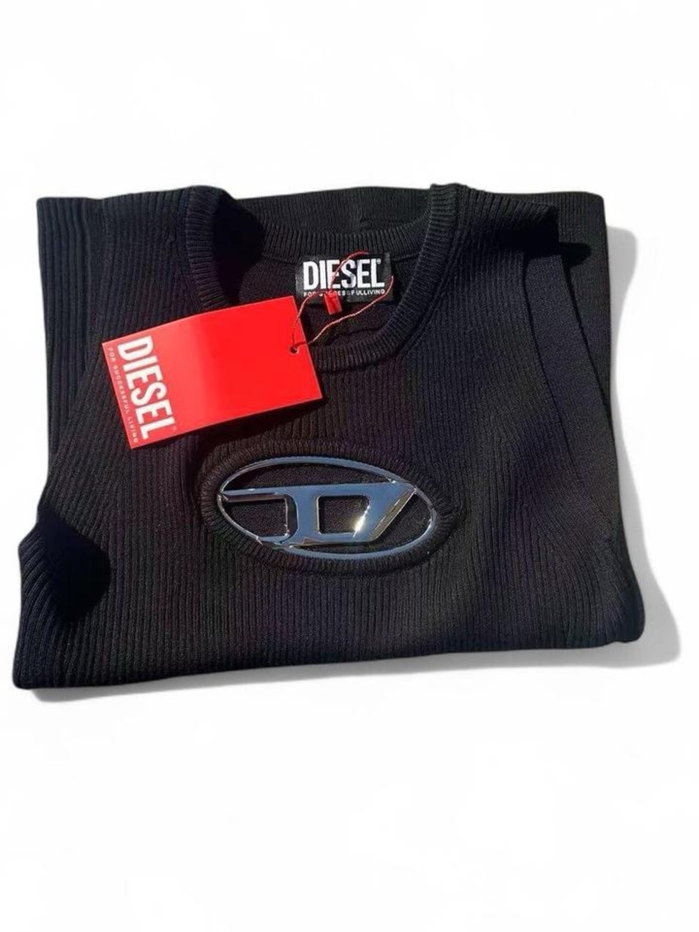 Diesel Black Crewneck Sweater with Silver Logo Plaque